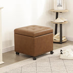 Adeco 16.7" H Vintage Golden Brown Leather Storage Ottoman with 360 Caster Wheels, Square Foot Stool with Decorative Bronze Thumb Tacks & 330 LB Load Capacity