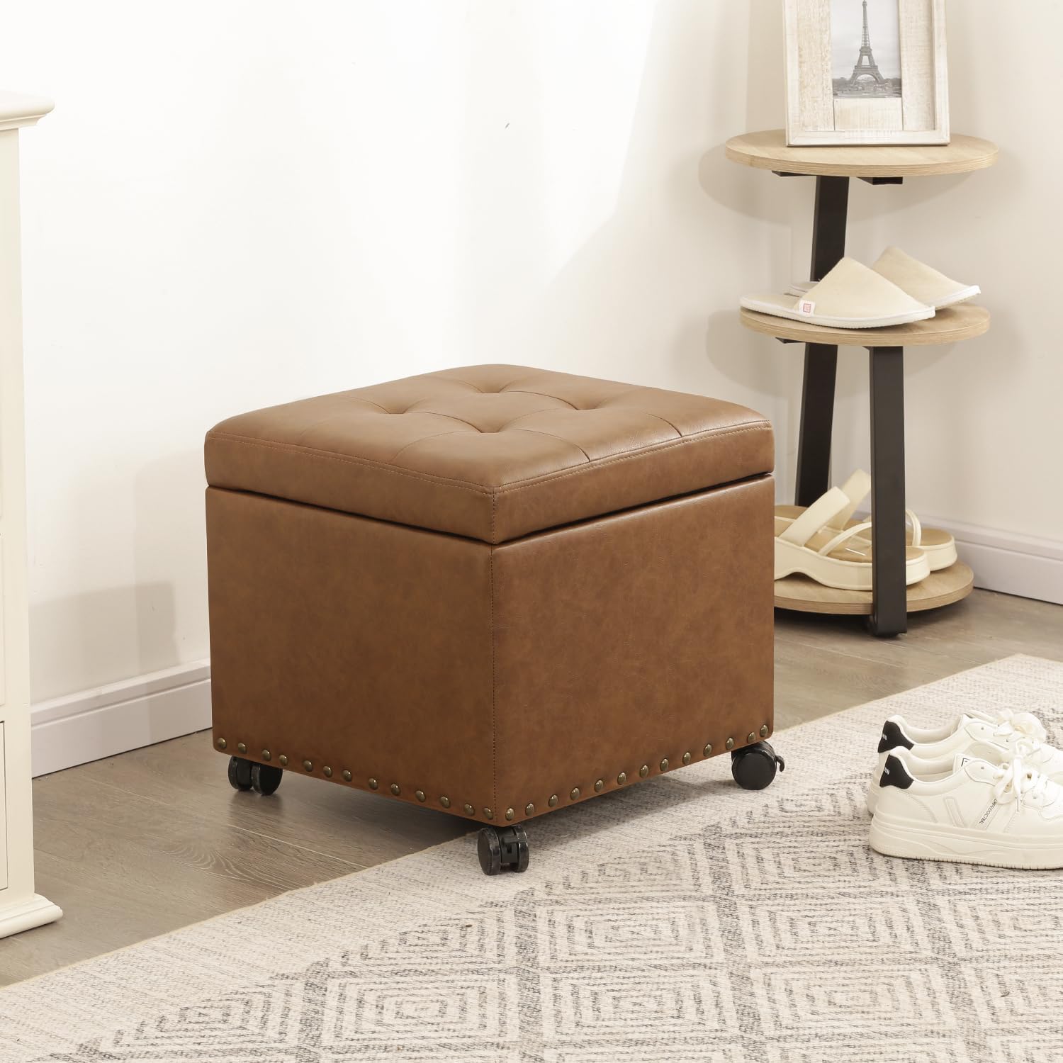 Adeco 16.7" H Vintage Golden Brown Leather Storage Ottoman with 360 Caster Wheels, Square Foot Stool with Decorative Bronze Thumb Tacks & 330 LB Load Capacity