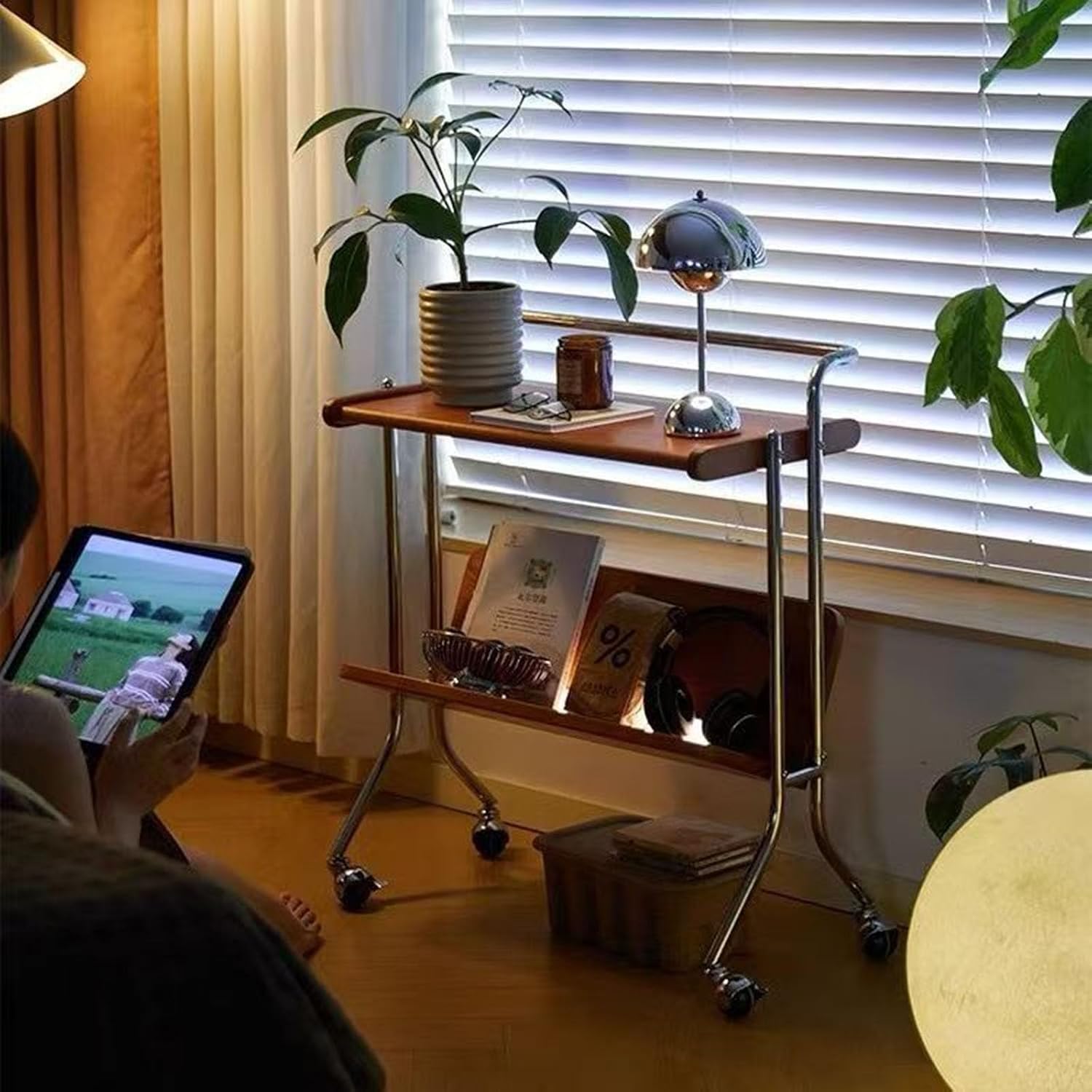 Retro Rolling Side Table, Solid Wood Movable Cart with Storage Shelf, Versatile End Table for Sofa, Bedside, or Living Room (Vintage)