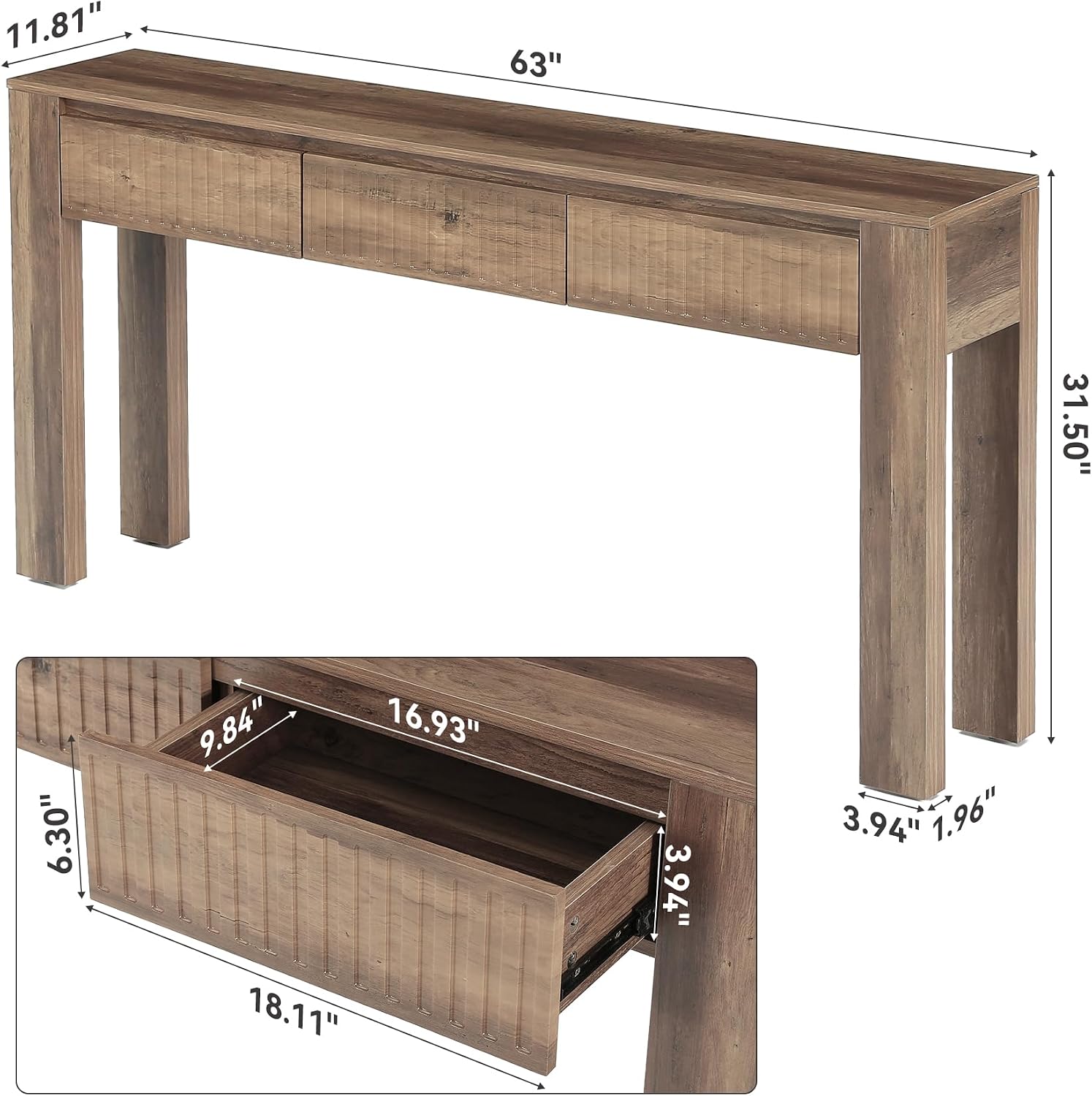 LITTLE TREE 63 Inches Long Console Table with 3 Drawers, Brown Sofa Table Behind Couch for Living Room, Wooden Hallway Foyer Entry Table for Entrance
