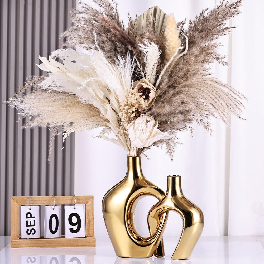 Gold Hollow Ceramic Vases Set of 2 - Modern Nordic Boho ins Style Decor Vases, Pampas Grass Flower Vases for Wedding, Living Room, Office, Entrance, Dining Table Decor Centerpieces