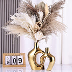 Gold Hollow Ceramic Vases Set of 2 - Modern Nordic Boho ins Style Decor Vases, Pampas Grass Flower Vases for Wedding, Living Room, Office, Entrance, Dining Table Decor Centerpieces