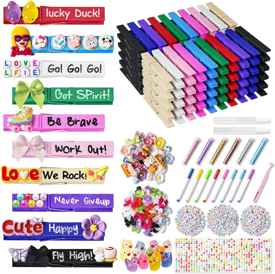 Dufvrpe Cheer Pins Kit with 100pcs 2.8" Clips - 80 Mini Bows, 12 Cheer Ducks, 416 Letters & 35 Decorations for Cheerleaders, Volleyball Teams | Spirit Clips with Glue & Tools
