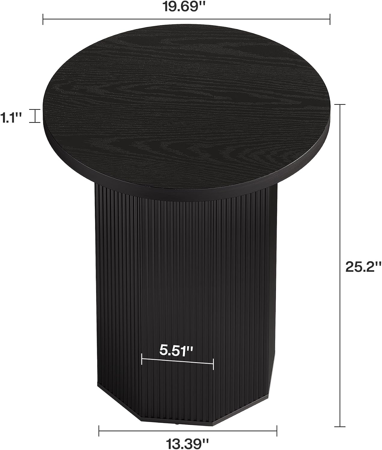 Tribesigns Round End Table, Farmhouse Pedestal Side Table, Fluted Wooden Nightstand Drink Stand for Living Room, Bedroom (1, Black)
