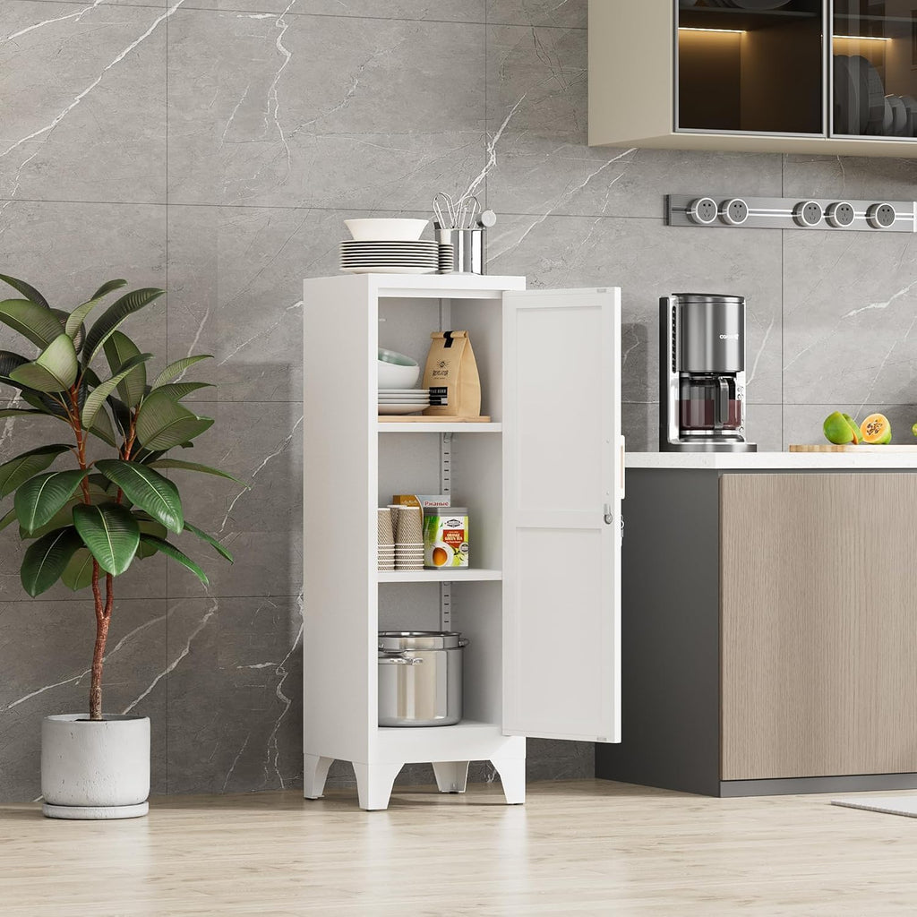 46"H White Metal Locker with 1 Lockable Door and 2 Adjustable Shelves For Employees,3 Tier Small Storage Cabinet with Detachable Legs and Vintage Handle for Kitchen, Office,School,Gym,Easy Assembly