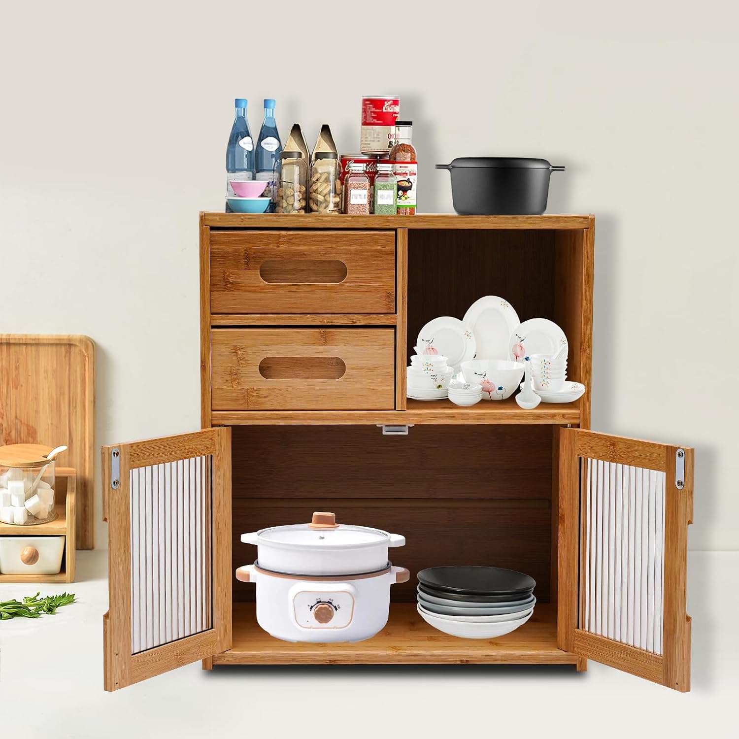 Kitchen Pantry Sideboard, Storage Cabinet with Drawer and Doors, Open Platform Cabinet, Quick Assembly Cupboard Shelf, 16.5in Long, for Dining Room Hallway Living Room Office, Wood Color