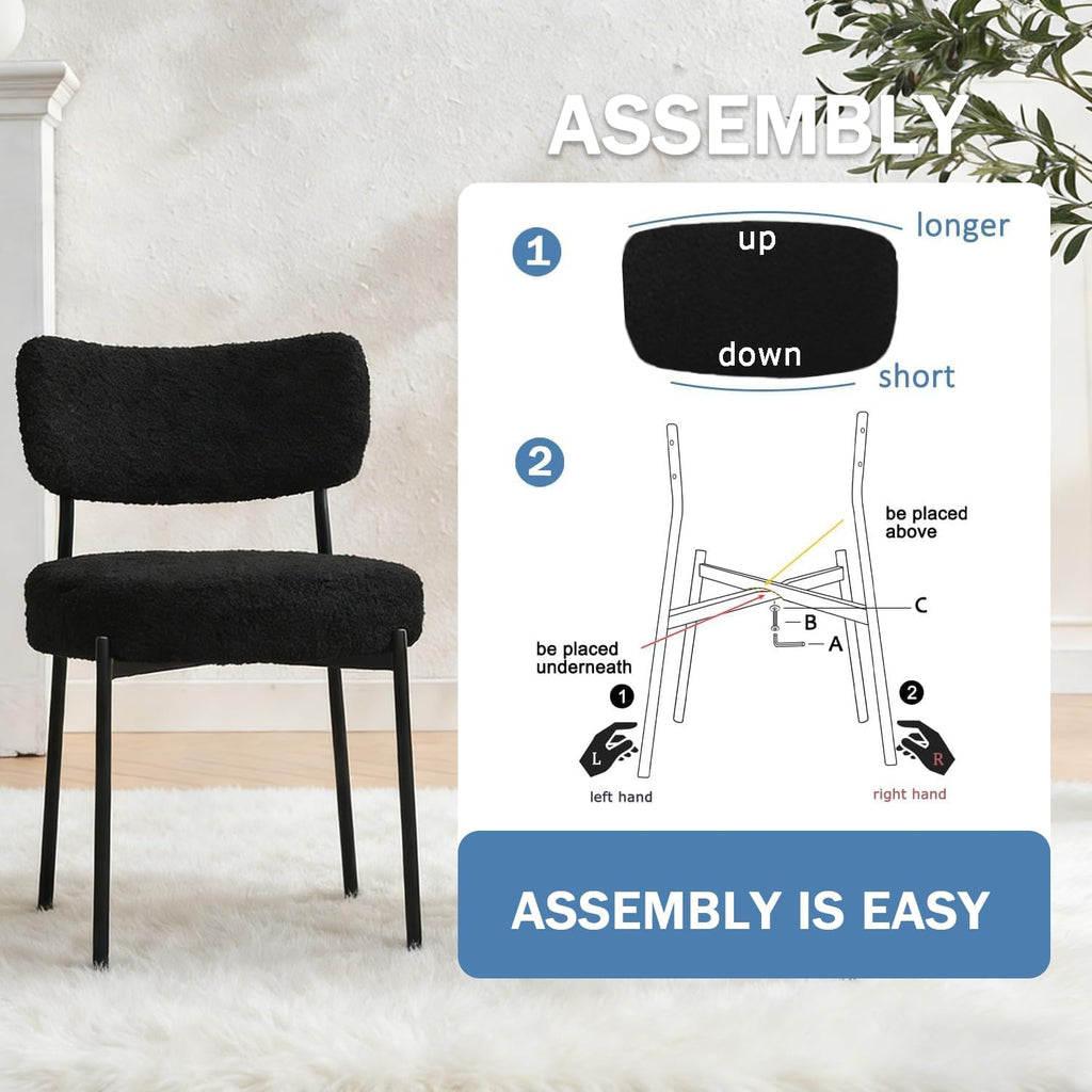 Black Boucle Dining Chairs Set of 4, Upholstered Dinner Chair with Metal Frame, Dining Room Chairs with Padded Seat, Round Modern Seating for Living Room