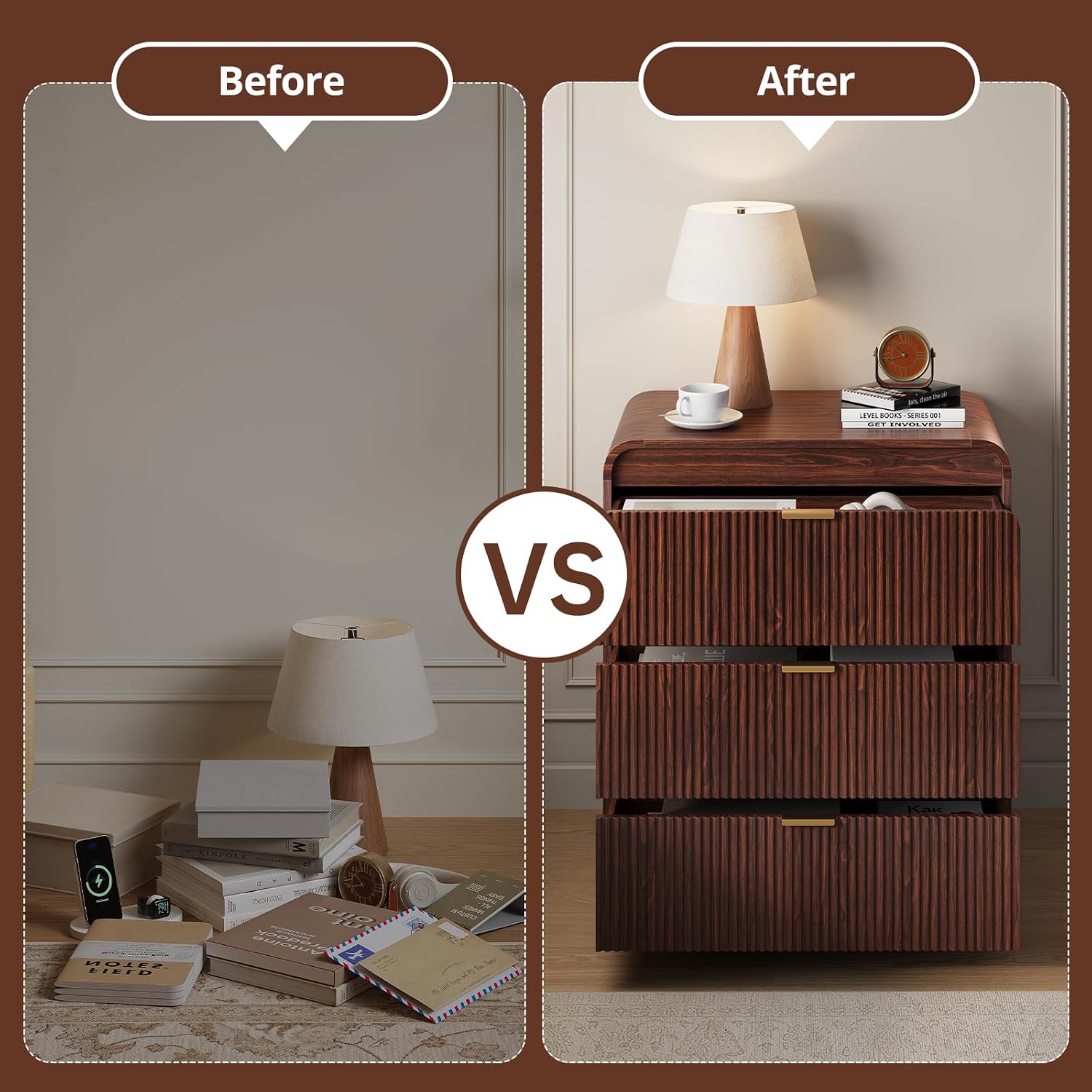 FURSUN 32" Tall Fluted Nightstand Set of 2, 3 Drawers Wooden End Table w/Storage, Curved Profile Design, Modern Bedside Table for Bedroom, Dark Walnut