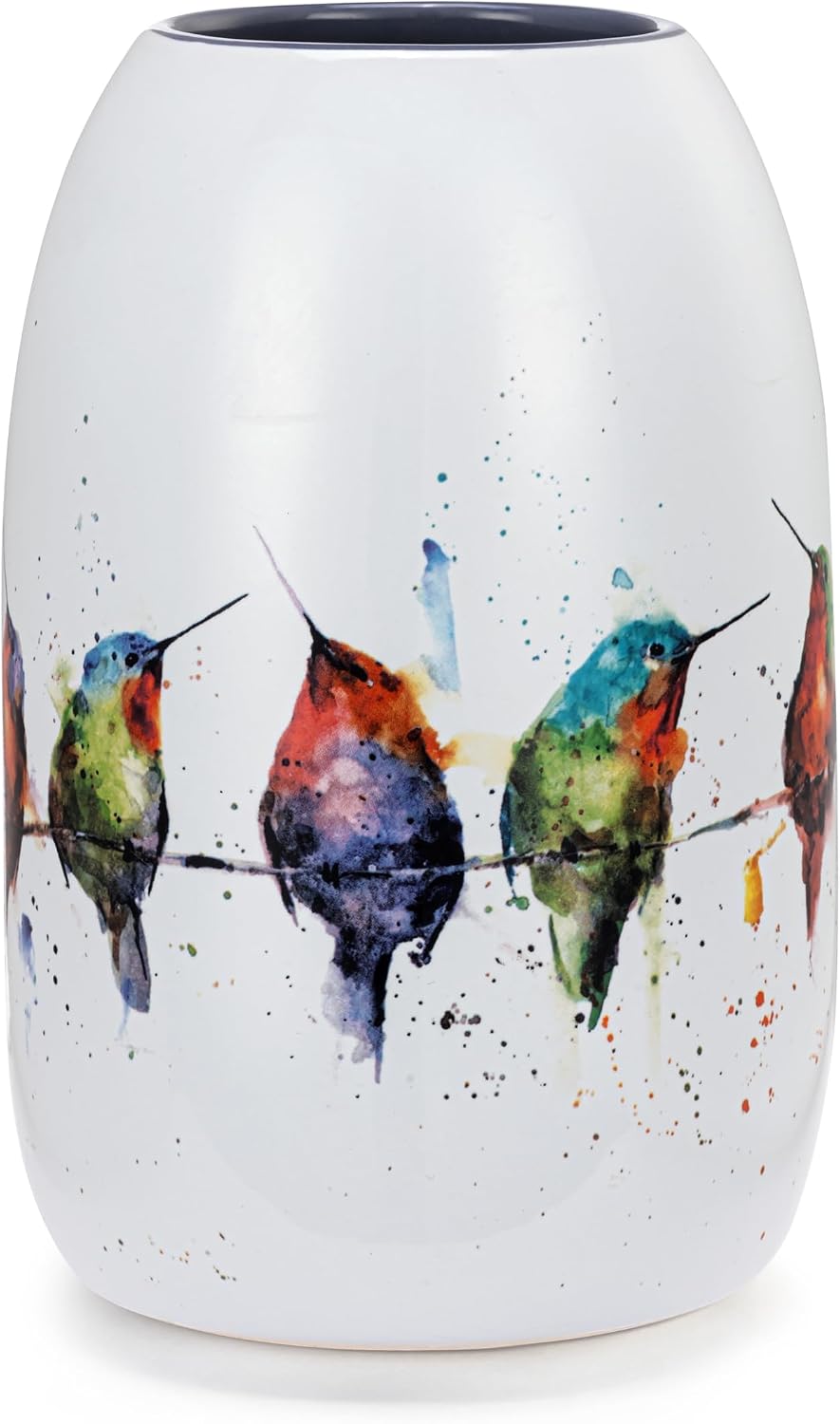 DEMDACO Dean Crouser Collection Watercolor Hummers On A Wire Colorful 7 x 4.5 Stoneware Decorative Bud Floral Flower Vase Container Vessel