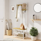 Hall Tree with Bench and Shoe Storage, 3-in-1 Coat Rack Shoe Bench, Freestanding Wooden Coat Rack with Metal Frame, 3-Tier Storage Shelf and 9 Removable Hooks, White/Walnut