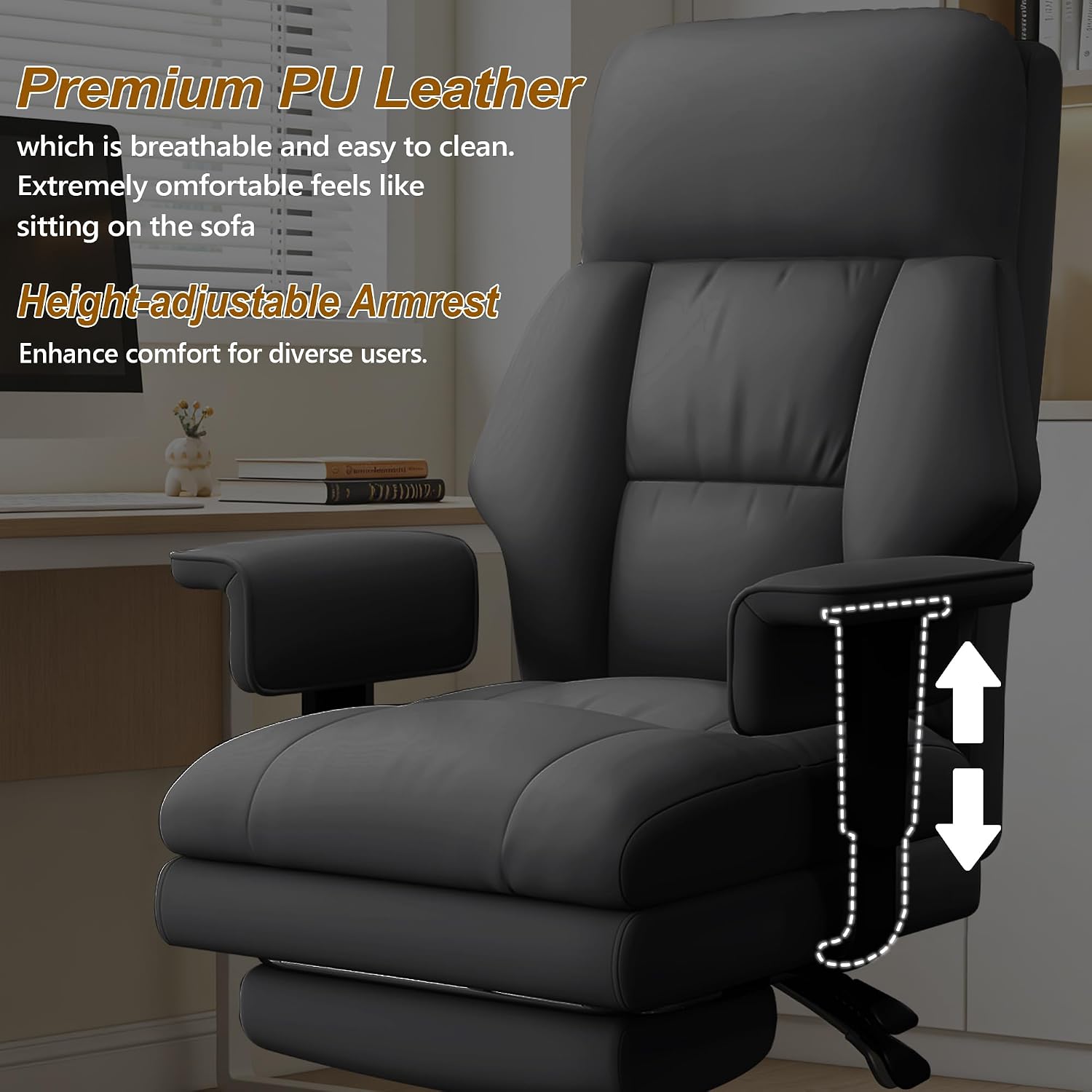 Executive Office Chair with Wheels PU Leather Ergonomic Desk Chairs with Foot Rest High Back Computer Gaming Chairs for Home Office