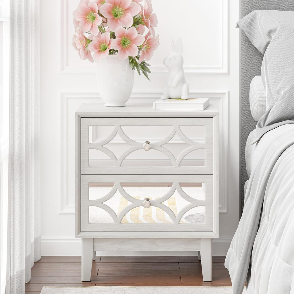 COZAYH Modern 2 Drawer Nightstand with Mirrored Fronts, Elegant Geometric Pattern Bedside Table for Bedroom, Light Gray