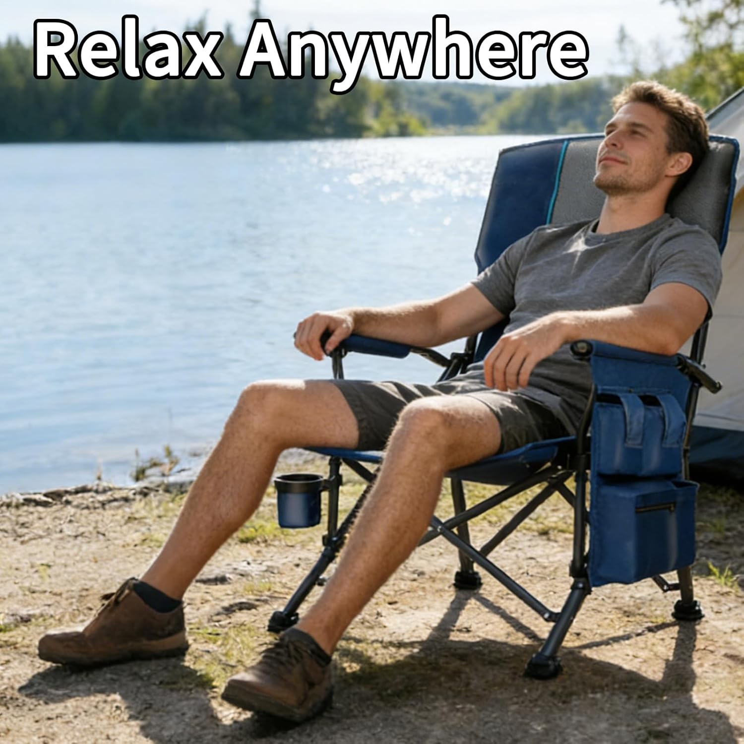 Oversized Camping Chair 2 Pack with Metal Hard Handle, Heavy Duty Folding Camp Chairs with High Back Support, Up to 500lbs Portable Outdoor Chairs for Beach, Tailgating, Blue