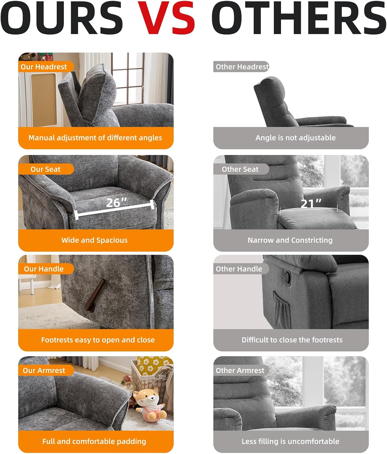 Oversized Glider Rocker Recliner, 26" Extra Wide 360° Swivel Nursery Recliner with Adjustable Headrest, Chenille Rocking Nursery Chair with Overstuffed Armrest, Lumbar Support, Dark Grey