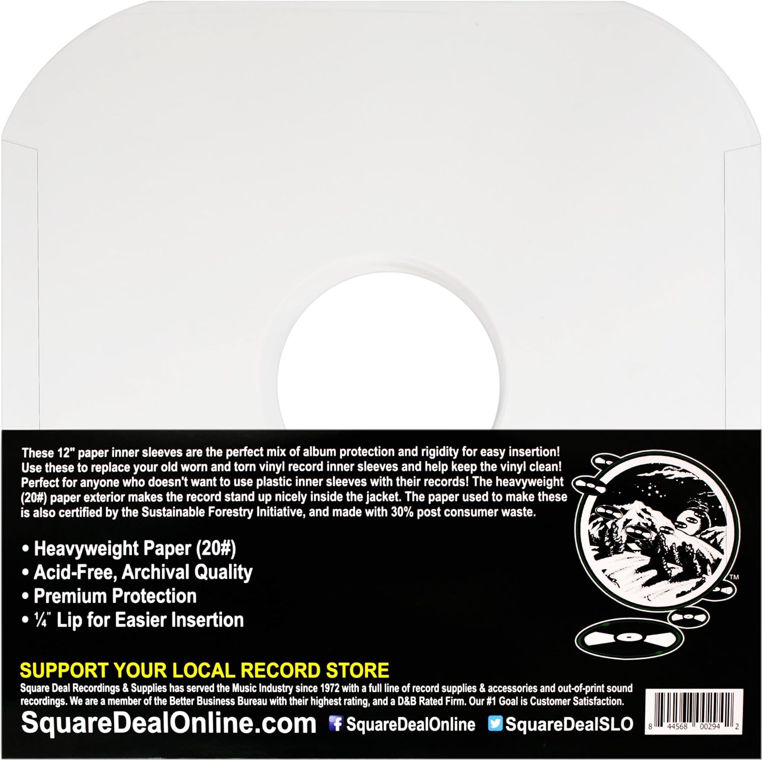 (100) Archival Quality Acid-Free Heavyweight Paper Inner Sleeves for 12" Vinyl Record Albums #12IW