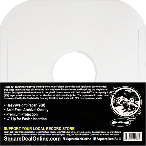 (100) Archival Quality Acid-Free Heavyweight Paper Inner Sleeves for 12" Vinyl Record Albums #12IW