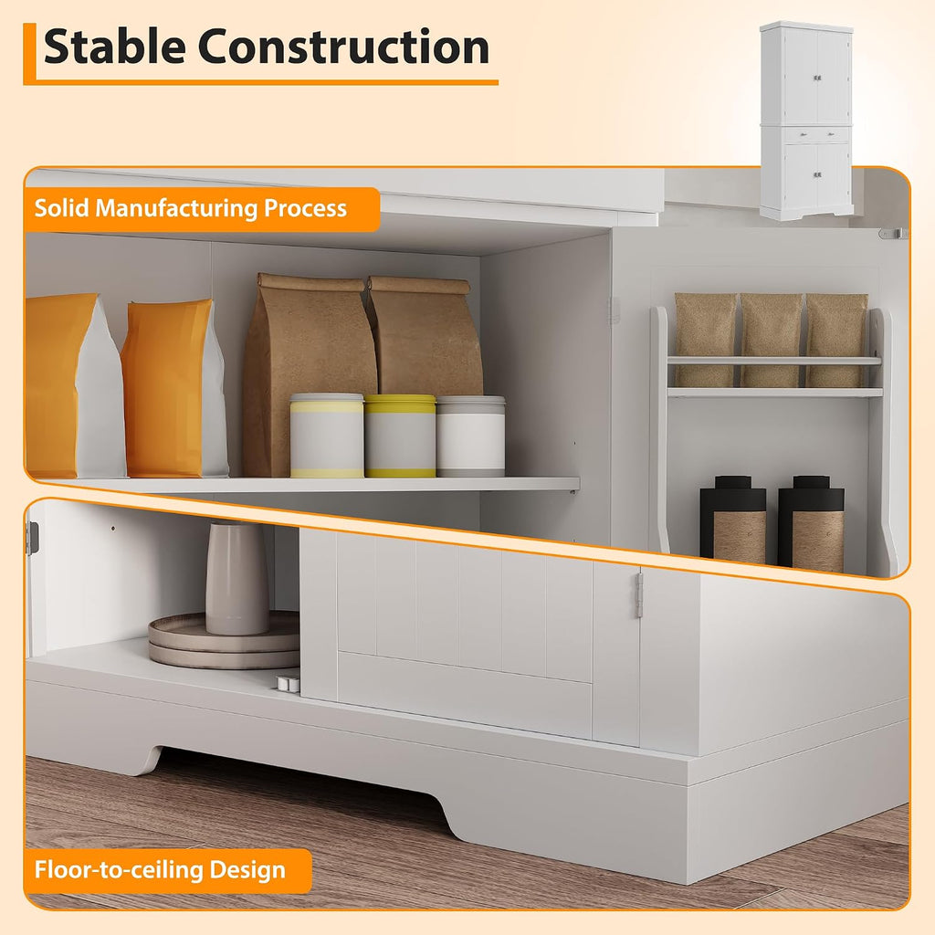 GAOMON 72in Tall Kitchen Pantry Cabinet, Farmhouse Large Cupboard Storage Cabinet with Adjustable Shelves 6 Door Racks for Living Dining Room Laundry,White