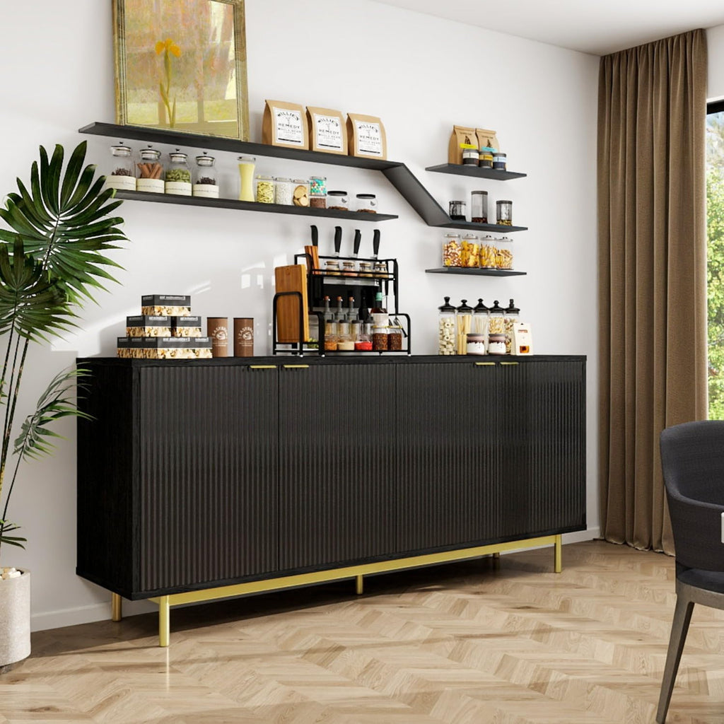 MUUEGM Buffet Cabinet with Storage, 58" Fluted Sideboard Kitchen Storage Cabinets with Shelves and 4 Doors, Modern Wood buffets & Sideboards for Dinging Room, Living Room, Black Storage Cabinet