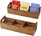 HTB 2 Pack Acacia Wood Small Tea Bag Box with 3 Compartments for Counter | Tea Bag Chest with Handle, Mini Countertop Divided Storage Container for Beverage Supplies, Sugar, Sweeteners