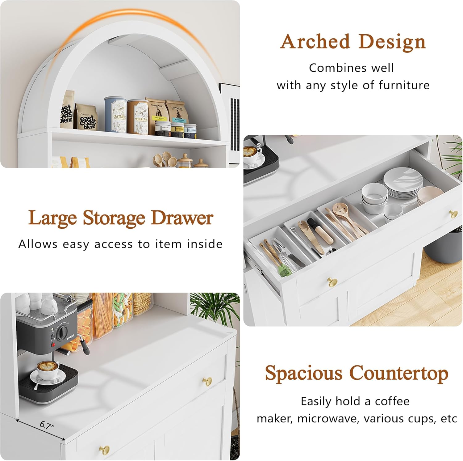 71" Tall Arched Kitchen Pantry Cabinet, Modern Kitchen Storage Cabinets with Hidden Drawer and Spacious Countertop, Wooden Storage Pantry Cabinet for Living Room, Dining Room, White