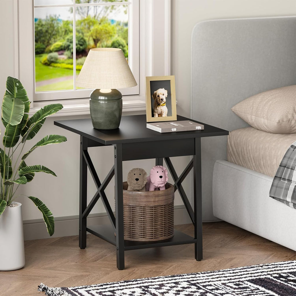 GreenForest Square End Table for Living Room, 20 Inch Large Side Table with X-Frame, Farmhouse Tall Bedside Nightstand with 2-Tier Storage Shelf, Black