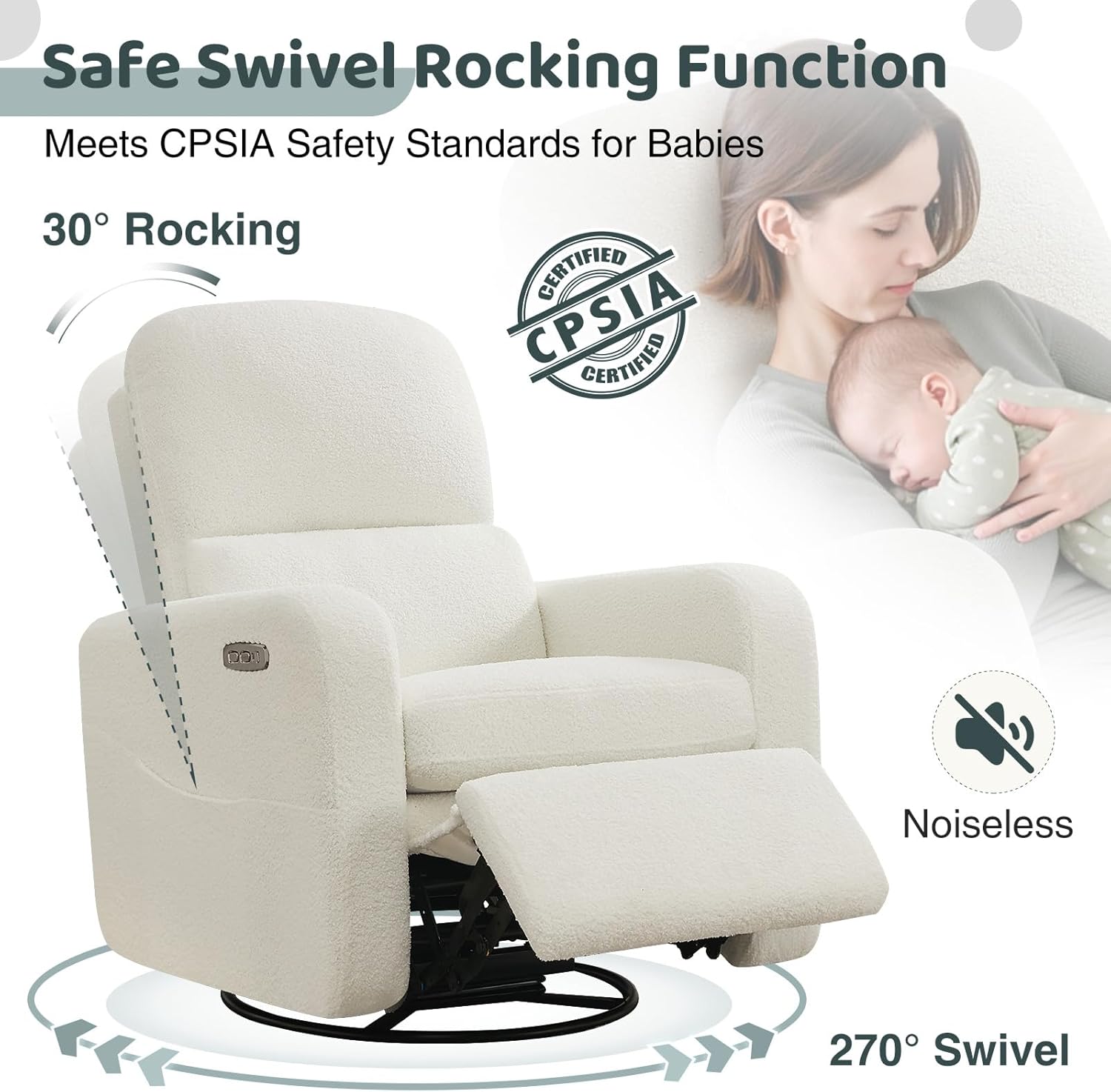 Power Swivel Rocker Recliner, Oversized Boucle Nursery Glider Recliner, Swivel Rocking Reclining Chair with Removable Cushion and Lumbar Support for Nursery Living Room Bedroom, Teddy White