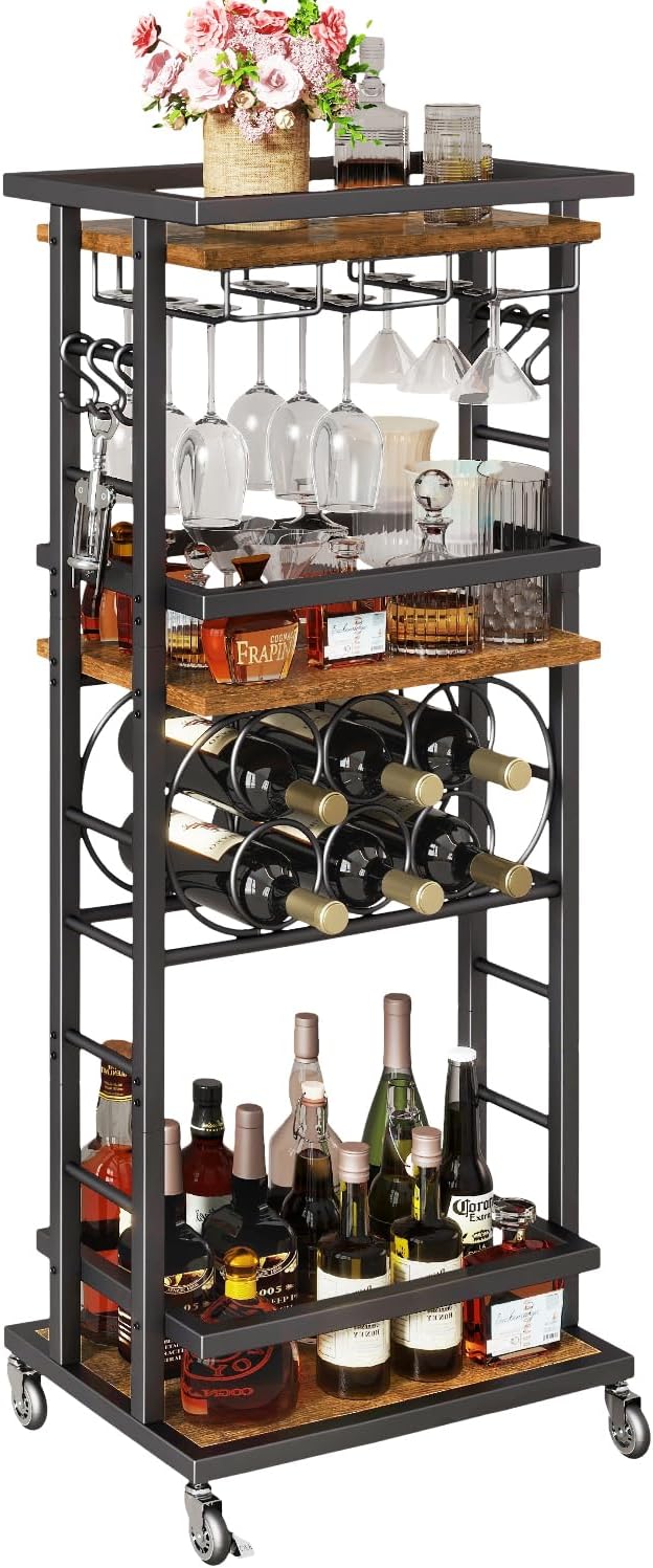 IBUYKE 4-Tier Wine Rack with Wheels,Bar Cart,Brown TMJ912H | Wine Car Cabinet Wine Rack Freestanding Floor Versatile Wine Bottle Display Shelf,Mini Bar for Home Living Room