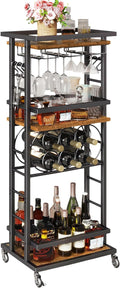 IBUYKE 4-Tier Wine Rack with Wheels,Bar Cart,Brown TMJ912H | Wine Car Cabinet Wine Rack Freestanding Floor Versatile Wine Bottle Display Shelf,Mini Bar for Home Living Room