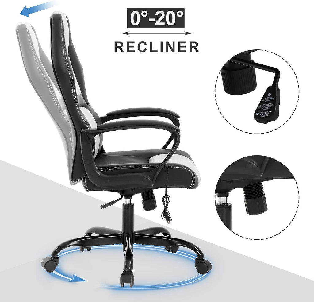 Gaming Chair Massage Office with Lumbar Support Headrest, Ergonomic Desk Padded Armrest, PC Racing Style Computer Chair, Modern Rolling Swivel White, 19.3 x 18.1 45.7 inches