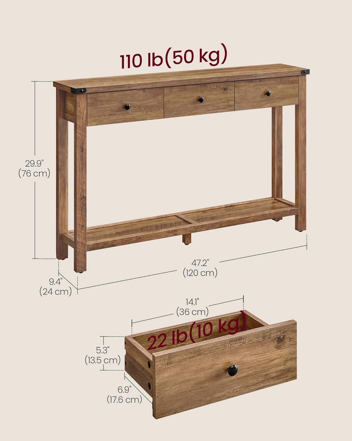 VASAGLE LIRY Collection - Console Sofa Table, Narrow Entryway Table with 3 Drawers, Open Storage Shelf, Metal Corners, for Living Room, Farmhouse Style, Honey Brown ULNT142KB02S