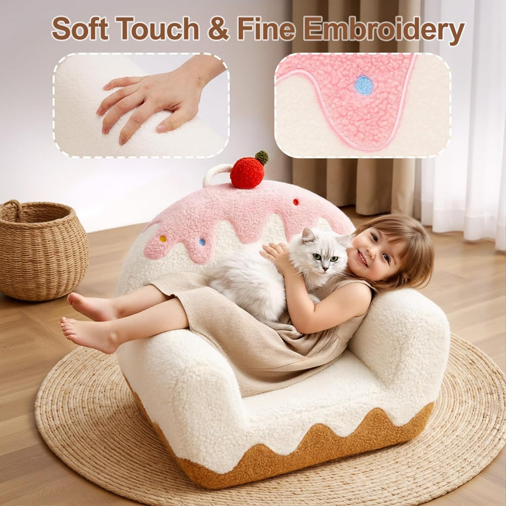 OUOZZZ Toddler Chair for Ages 1–6, Soft Sherpa Kids Sofa with Book Pocket & Carry Handle, Cozy Single-Seat Couch for Playroom or Bedroom, Birthday Gift for Girls (Ice Cream)