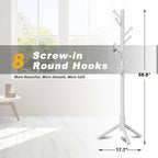 8-Hook Freestanding Coat Rack 3 Heights Safe Round Tips White | Smooth Round Tips Prevent Slipping,Tool-Free Assembly,Holds Clothes Hats Handbags,Ideal for Entryway Bedroom Hallway Office