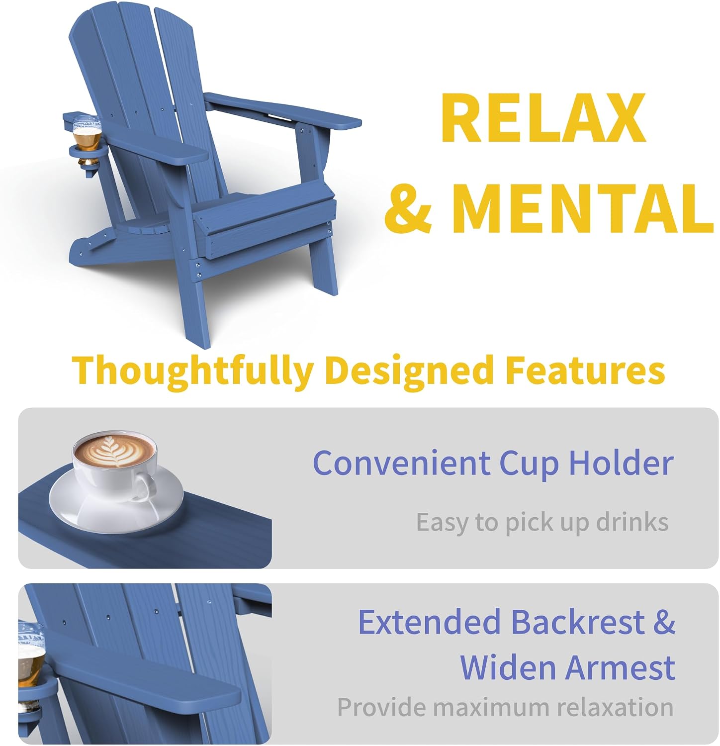 Kingdura Foldable Adirondack Chairs Set of 4, Portable HDPE All Weather Resistant Outdoor Patio Chair, Wooden Textured with Cup Holder, 380LBS Capacity for Poolside, Backyard, Fire Pit (Navy Blue)