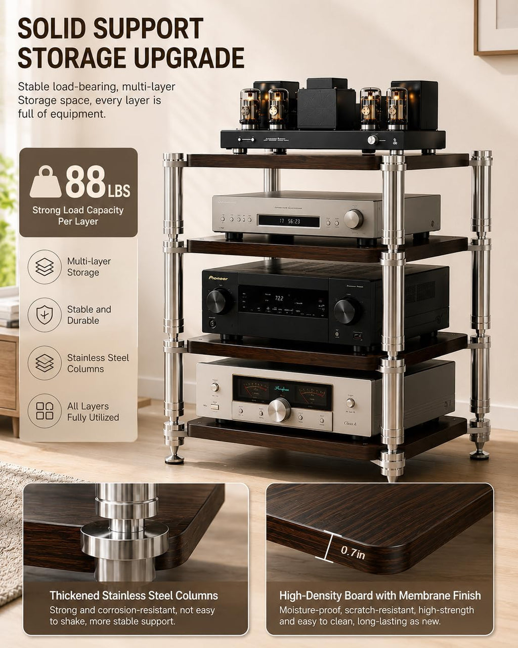Heavy Duty AV Stand, Open Design’s Audio Racks with Shock-Absorbing Foot pegs, Strong Load-Bearing Capacity Audio Component Rack, for Offices and Recording Studios (Black Walnut, 3-Tier)