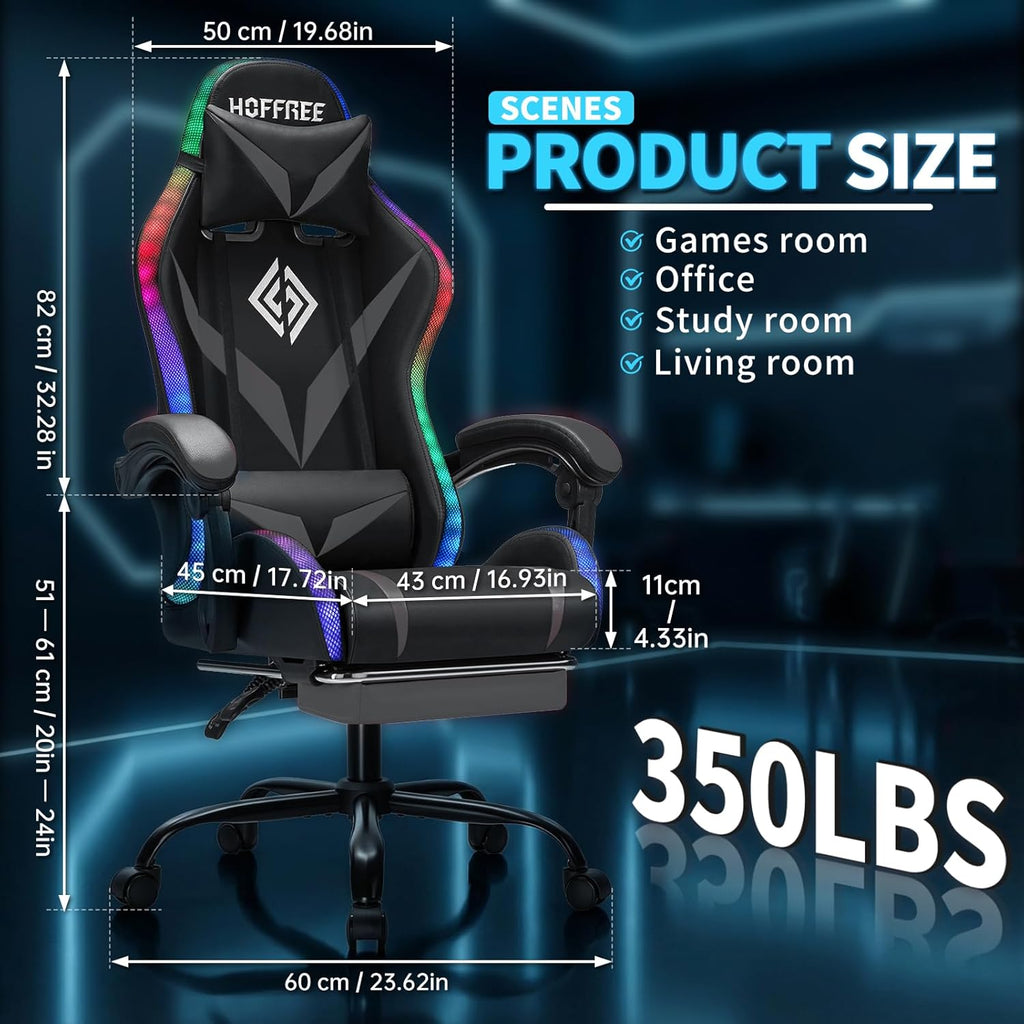 RGB Gaming Chair with LED Lights Massage Ergonomic Game Chairs for Adults High Back Reclining Computer Chair with Footrest Video Game Chair Lumbar Support Racing Style Gamer Chair Grey and Black