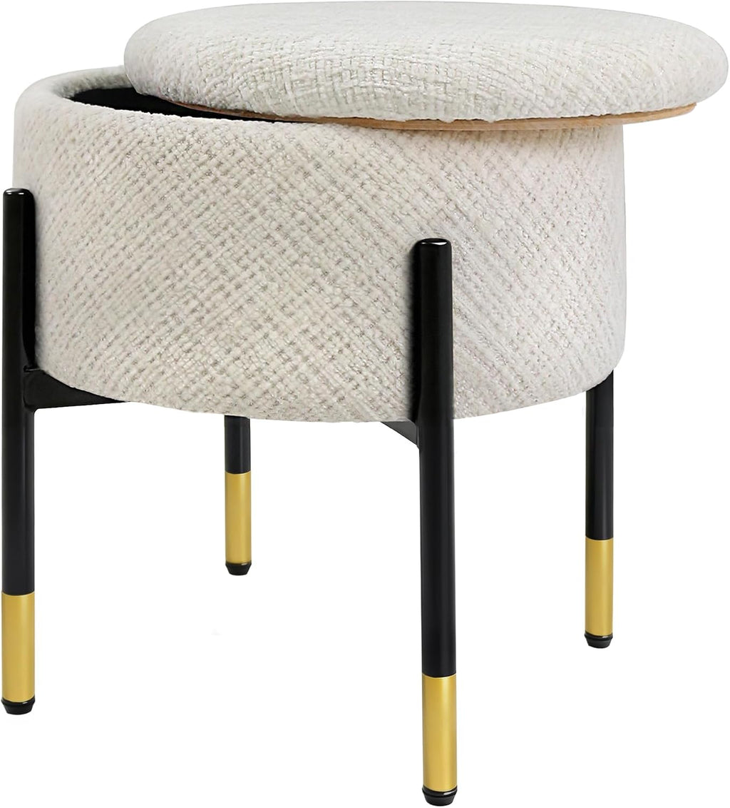 CAROLMADE Round Ottoman with Storage, Velvet Makeup Vanity Stool, Small Ottoman Foot Stool with Coffee Table and Metal Legs for Living Room, Bedroom and Dorm, Beige