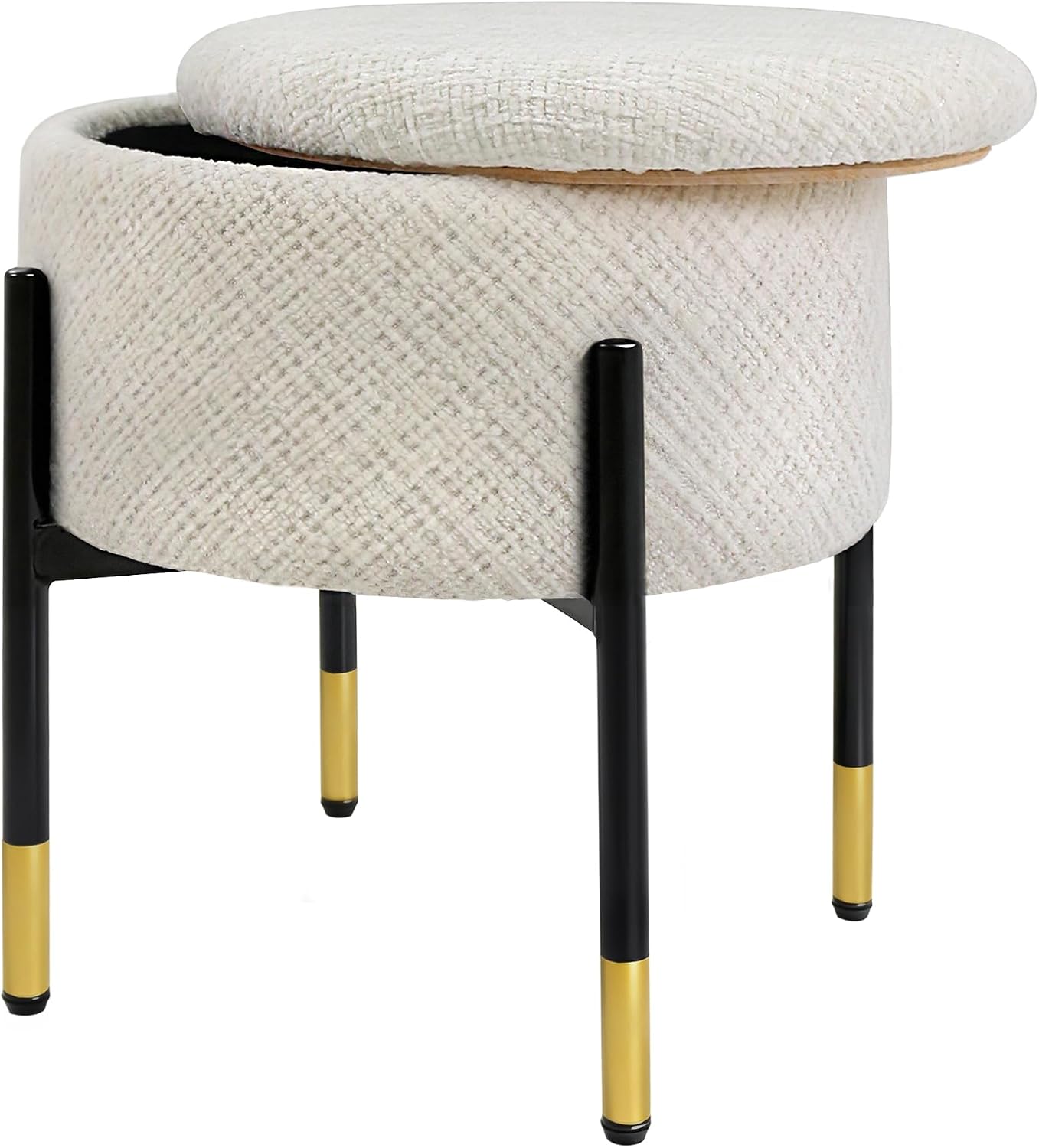 CAROLMADE Round Ottoman with Storage, Velvet Makeup Vanity Stool, Small Ottoman Foot Stool with Coffee Table and Metal Legs for Living Room, Bedroom and Dorm, Beige