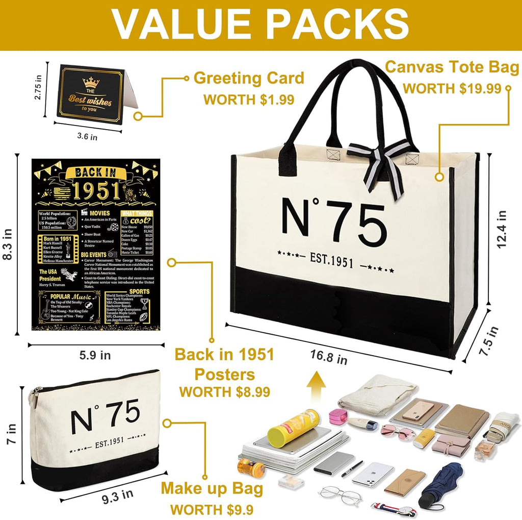 YeohJoy 75th Birthday Gifts for Women Canvas Tote Bag, Unique 75 Years Old Birthday Gifts for Aunt Mom Wife Friends Sister Her, EST.1951 Bag & Makeup Bag & Back in 1951 Poster