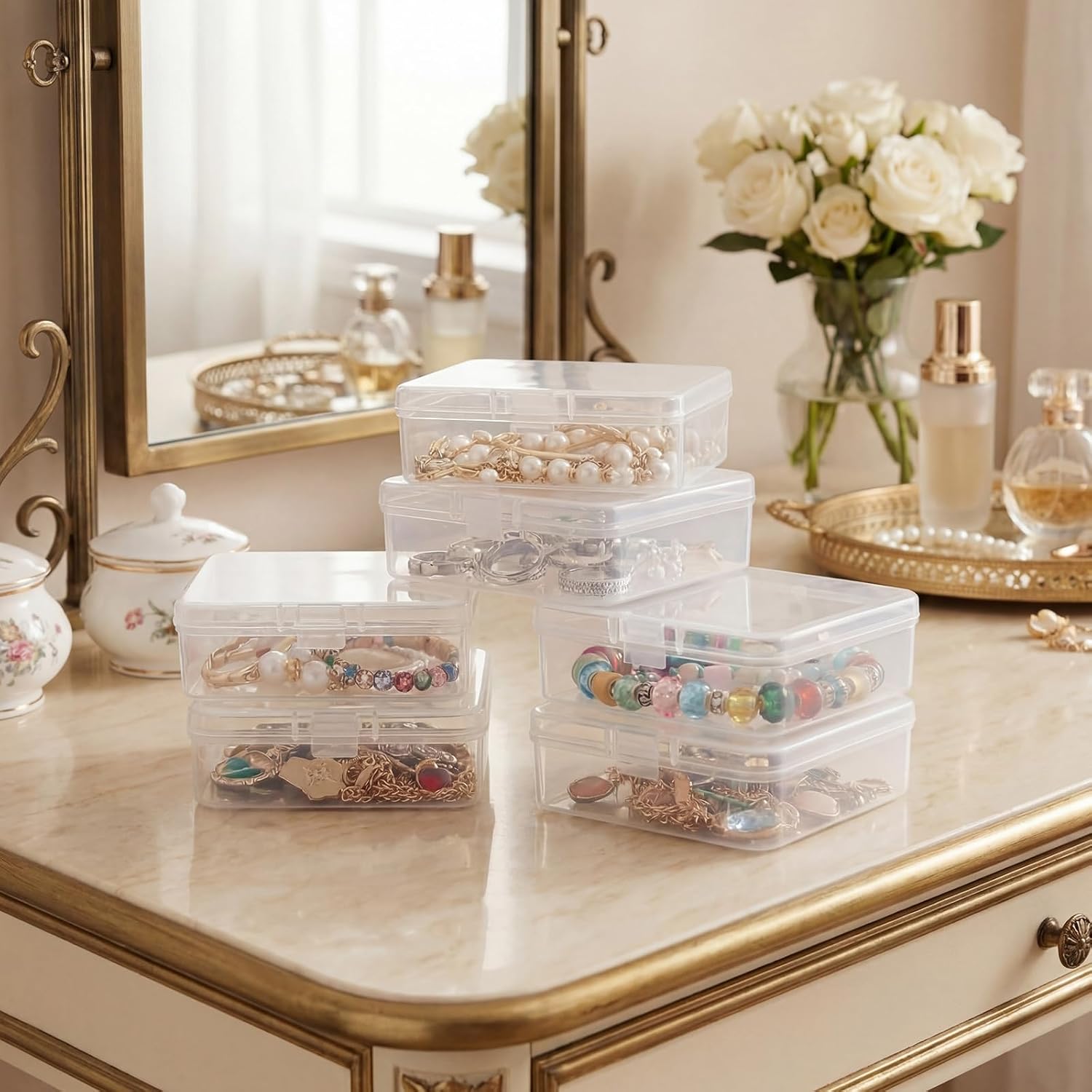 SATINIOR 300 Packs Clear Small Plastic Containers 2.9 X 2.9 X 1 Inches Transparent Storage Box with Hinged Lid in Bulk for Jewelry Hardware Crafts Small Items