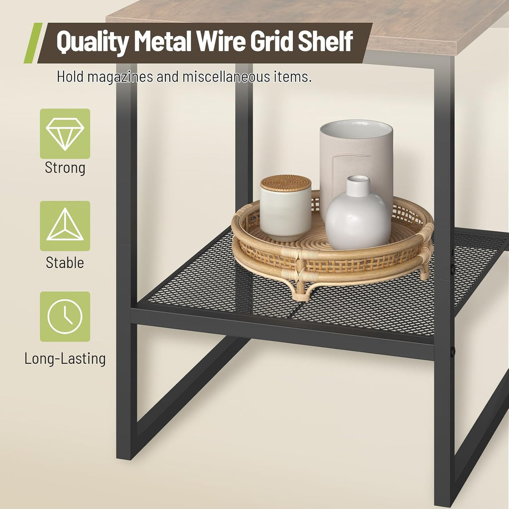Coffee Table Set of 4, Nesting Coffee Table and 2 Side Tables | Industrial Square Coffee Table with Storage, Metal Frame, for Small Spaces, Apartment, Living Room, Rustic Brown and Black