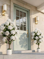 Artificial Flower Tree for Porch: 3.6ft Fake Crape Myrtle Trees Set of 2 for Outdoor Front Door Indoor Decor - White Realistic Silk Plant with Pot for Home Living Room Patio Decorations