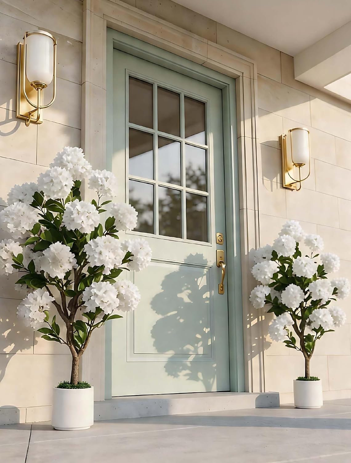 Artificial Flower Tree for Porch: 3.6ft Fake Crape Myrtle Trees Set of 2 for Outdoor Front Door Indoor Decor - White Realistic Silk Plant with Pot for Home Living Room Patio Decorations