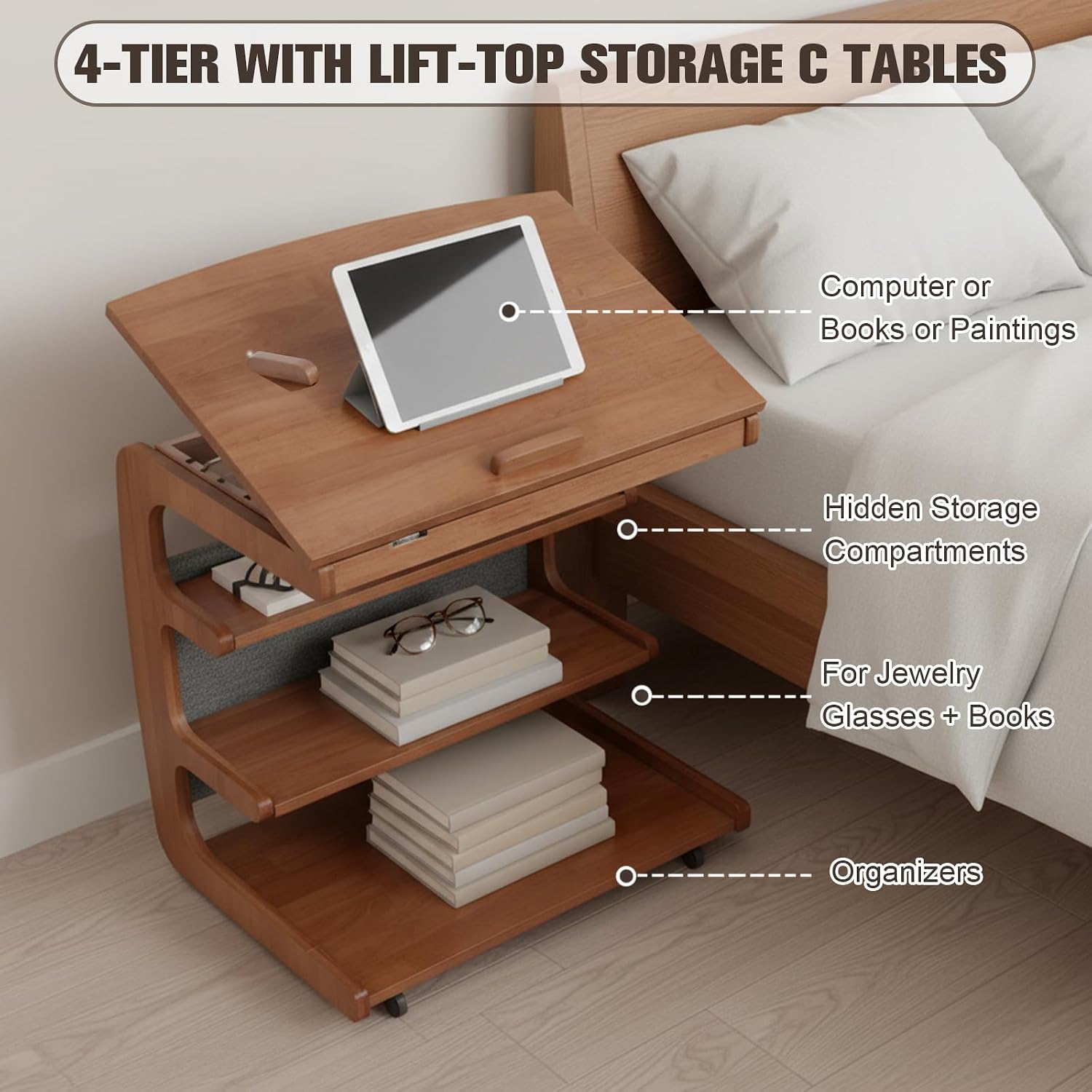 Multi-Layer Storage Rolling Side Table, C Shaped Couch End Table with Edge Stopper & Side Pocket, Mobile Wooden Bedside TV Tray Desk - 23.66" W*18.46" D*24.8" H