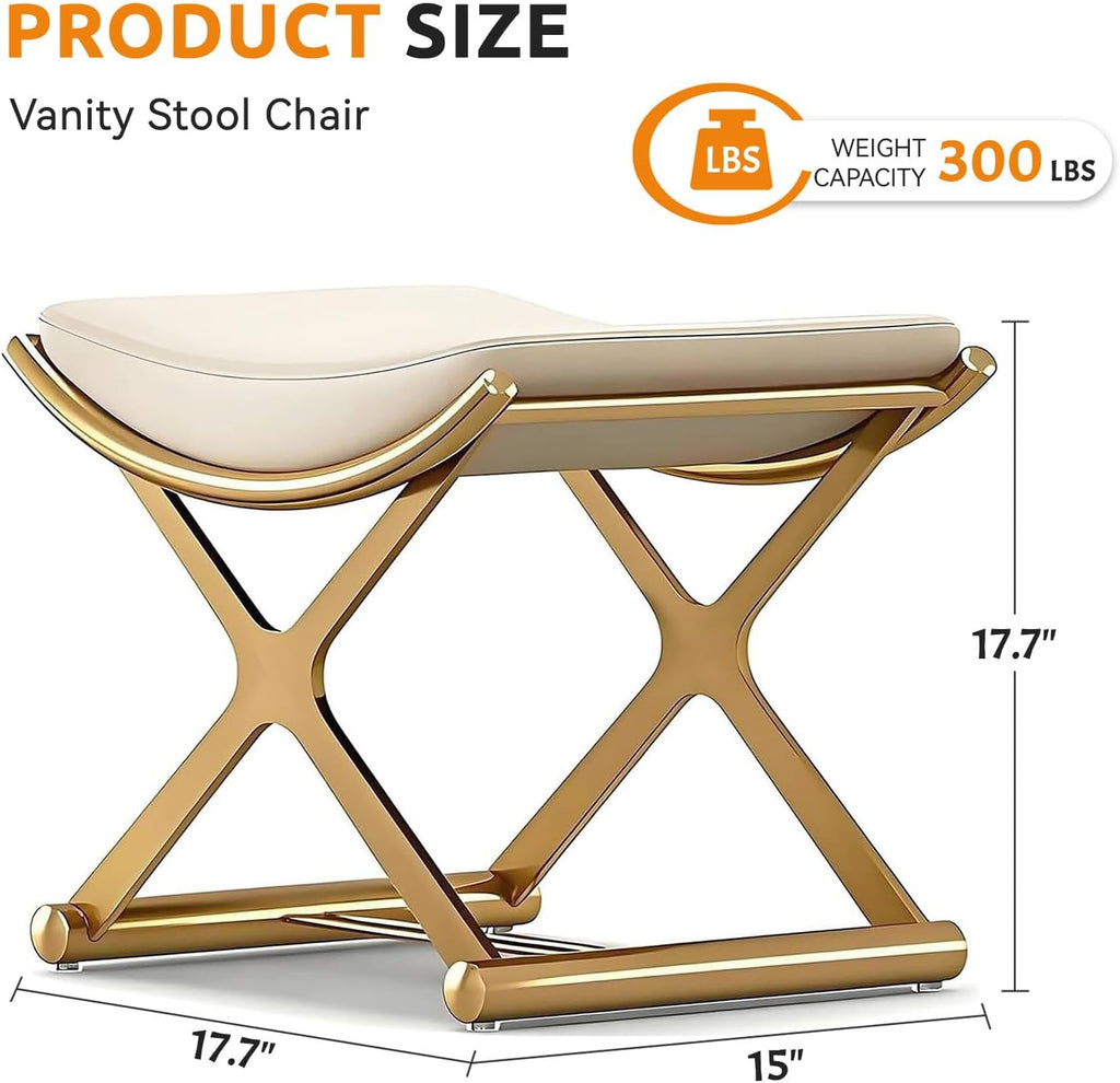 Lefedrasticity Gold Vanity Stool Chair Makeup Stool with Leather Cushioned Small Ottoman Foot Rest Modern Make Up Chair Upholstered Vanity Ottoman for Bedroom Living Room Bathroom Couch