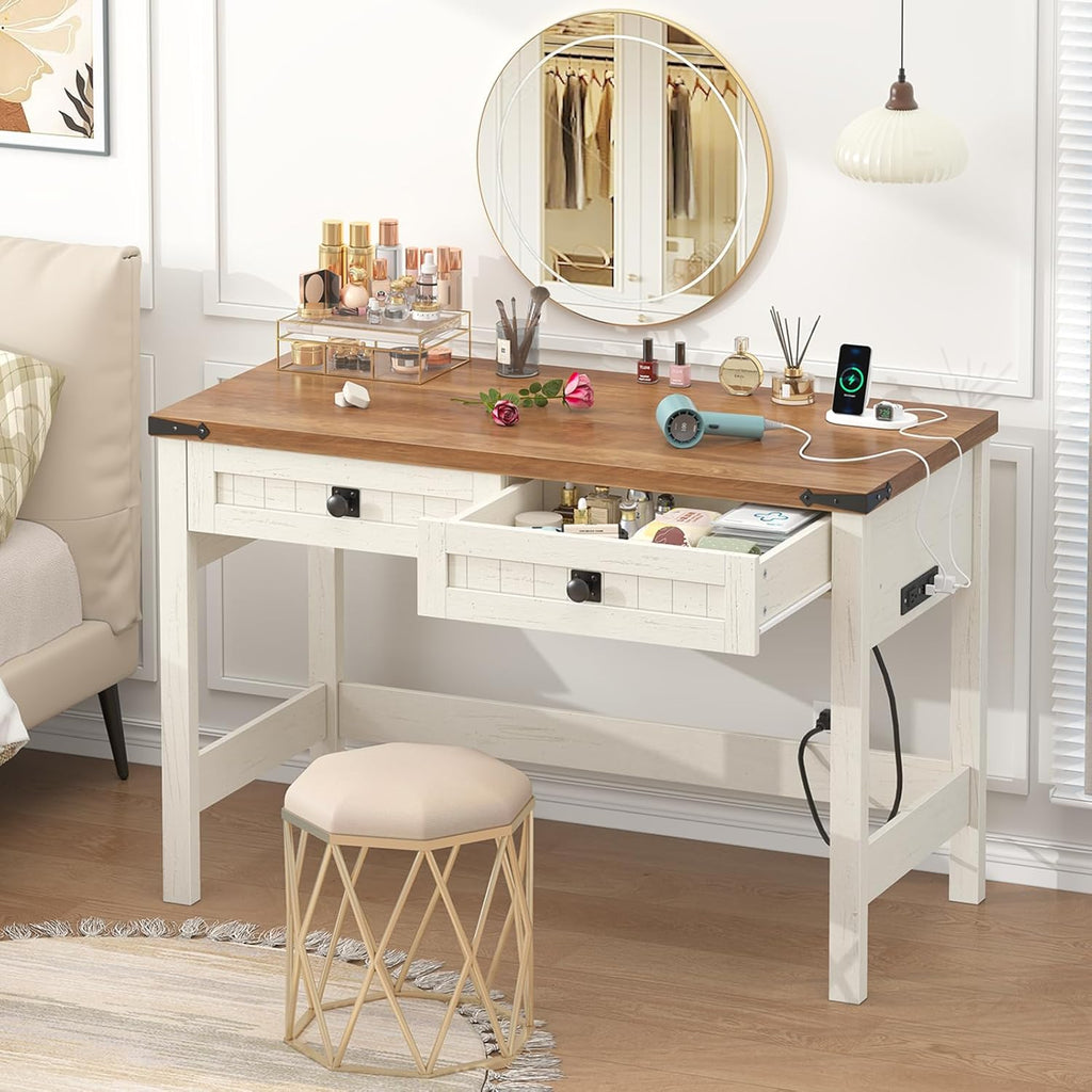 YOMILUVE Farmhouse Computer Desk with 2 Drawers, 39 Inch Small Office Computer Desk with Power Outlets, Compact Writing Study Desk for Small Spaces, Antique White