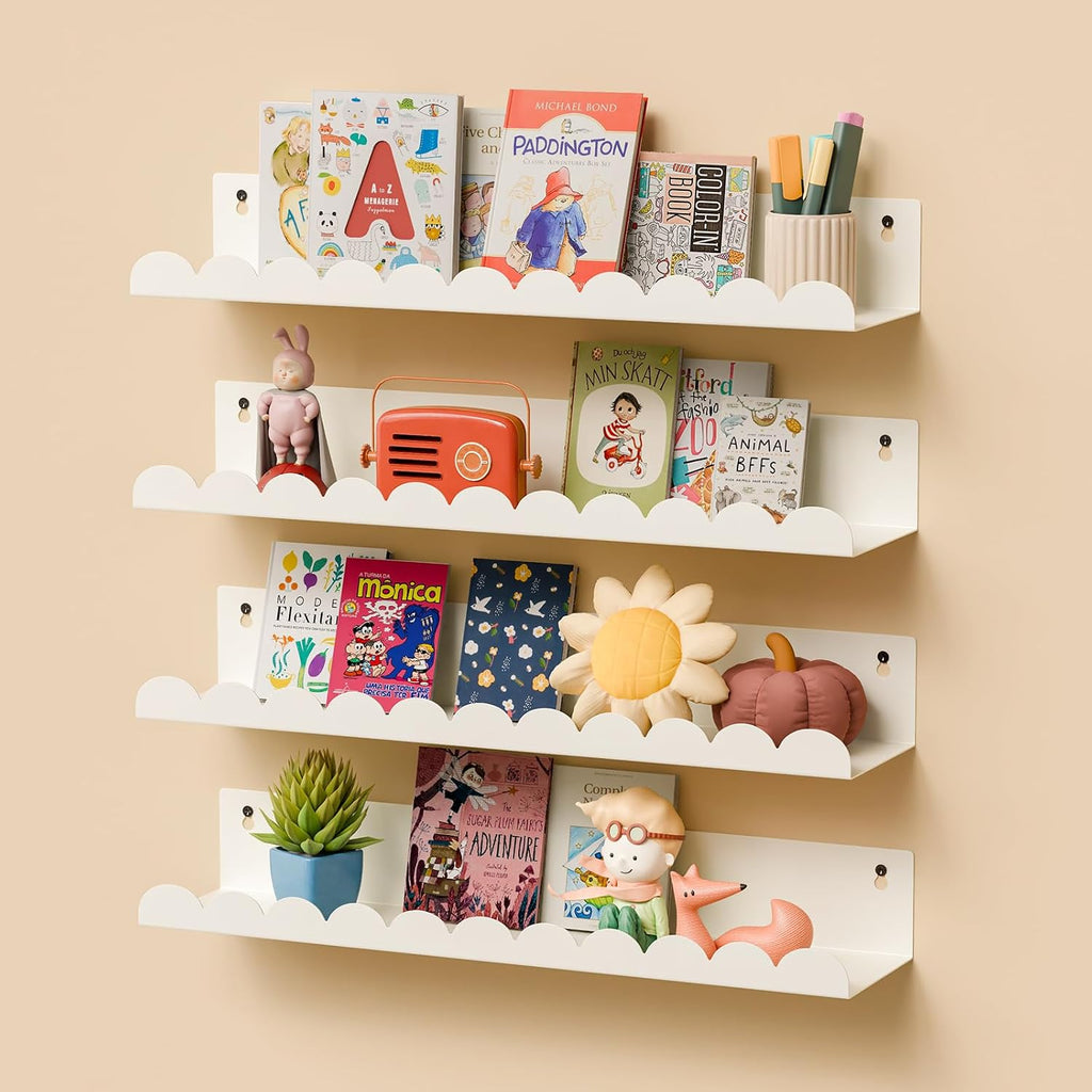 Nursery Book Shelves,Kids Bookshelf and Toy Storage,17 Inch Metal Floating Shelves Set of 4,Wall Shelves for Bedroom, Kids Room,Bathroom,Kitchen,Playroom Decor,Nursery Decor (White Metal, 17 inch)