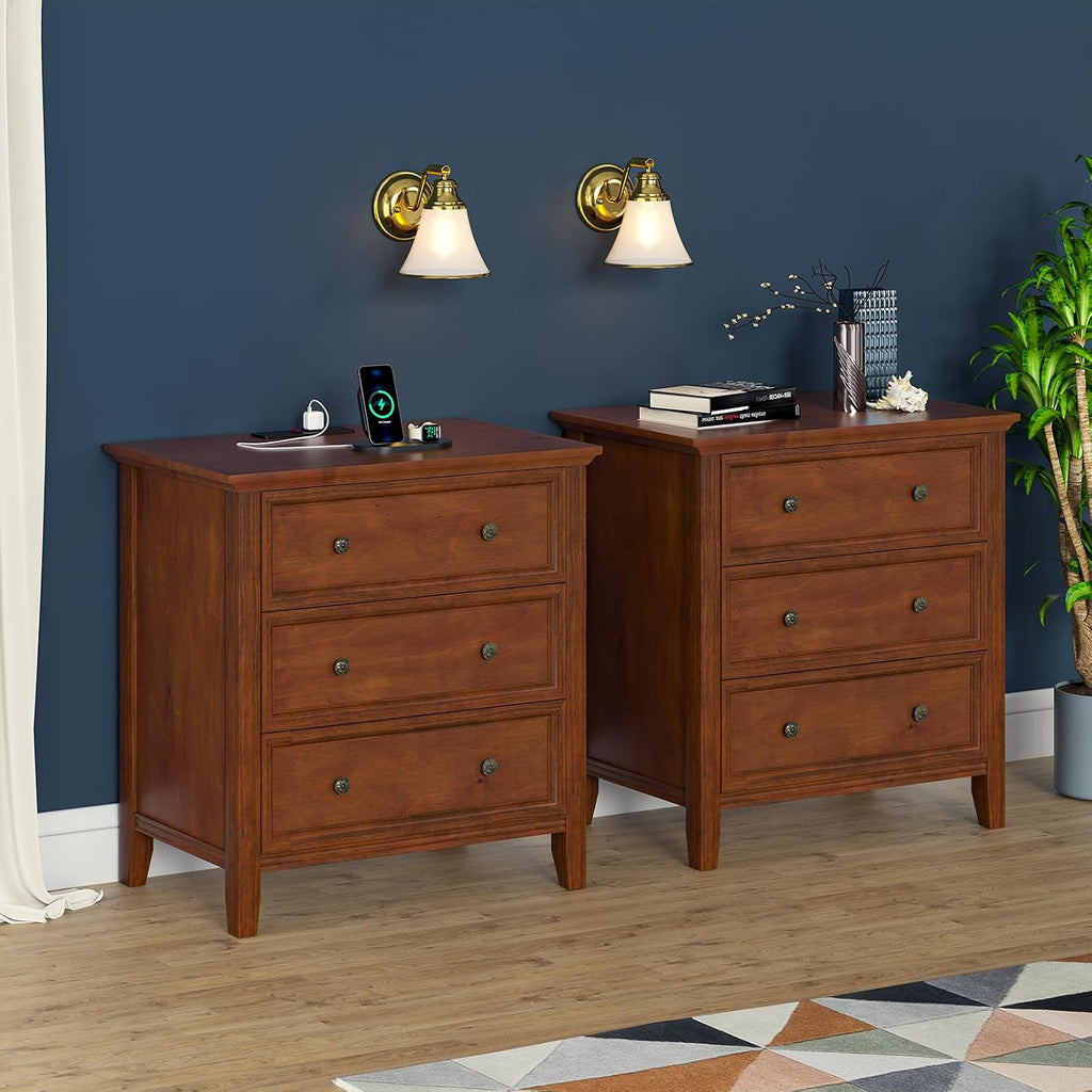 IKENO Solid Wood Nightstand Set of 2，Bed Side Table with Charging Station, Farmhouse Night Stand with 3 Storage Drawers for Bedroom, 27.6" W x 16.8" D x 26.8" H, Walnut