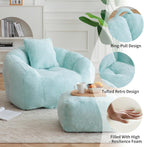 Bean Bag Chair for Adults, Faux Fur Upholstered Beanbag Chair with Shell-Shaped Design, Comfy Bean Bag Sofa with Pillow and Footstool, Floor Sofa Chair for Bedroom (Light Blue)