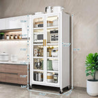 Kitchen Pantry Storage Cabinet, White 6 Tier Metal Display Cabinet with Transparent Double Doors, Adjustable Shelves & 360° Lockable Wheels, Easy Assembly, 65.16" W×23.62" D×15.75" H