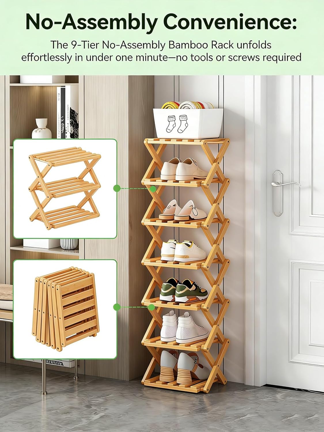 The 9-Tier No-Assembly Bamboo Rack, New Upgrade 9 Tier Bamboo Shoe Rack, Space-Saving Tall Narrow Accordion Shoe Rack for Entryway Closet Dorm (Brown-9)